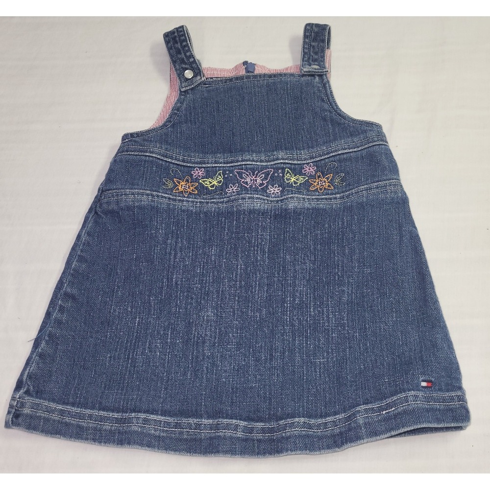 Tommy Hilfiger Denim Jumper Dress Baby Girl 6-12M Blue Butterfly Embroidered